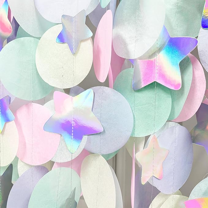 205Ft Pastel Party Decorations Circle Dot Backdrop Streamer Pastel Tissue Paper Polka Dots with Iridescent Star Hanging Garland for Birthday Wedding Bachelorette Engagement Baby Shower Party Supplies