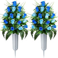 Artificial Cemetery Flowers - Set of 2 Grave Memorial Rose Flowers with Vase for Cemetery Headstones Gravesites Decoration (Dark Blue & Light Blue)