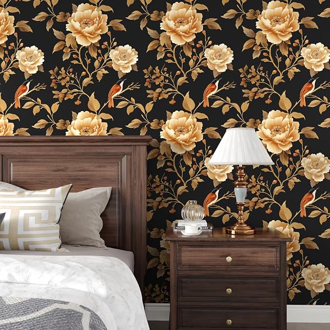 Vintage Floral Bird Wallpaper Peel and Stick Boho Wallpaper 17.5in x393in Black/Golden Floral Wall Mural Waterproof Self-Adhesive Modern Wall Paper for Bedroom Kitchen Cabinet Drawer Decor