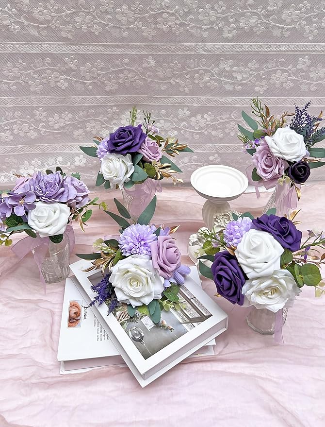 Marriwise Set of 6 Purple Assorted Wedding Flower Centerpieces Pre-Made Mini Bridesmaid Bouquets Artificial Floral Lavender Table Decor for Wedding Decorations Shower Home Decor (Purple)