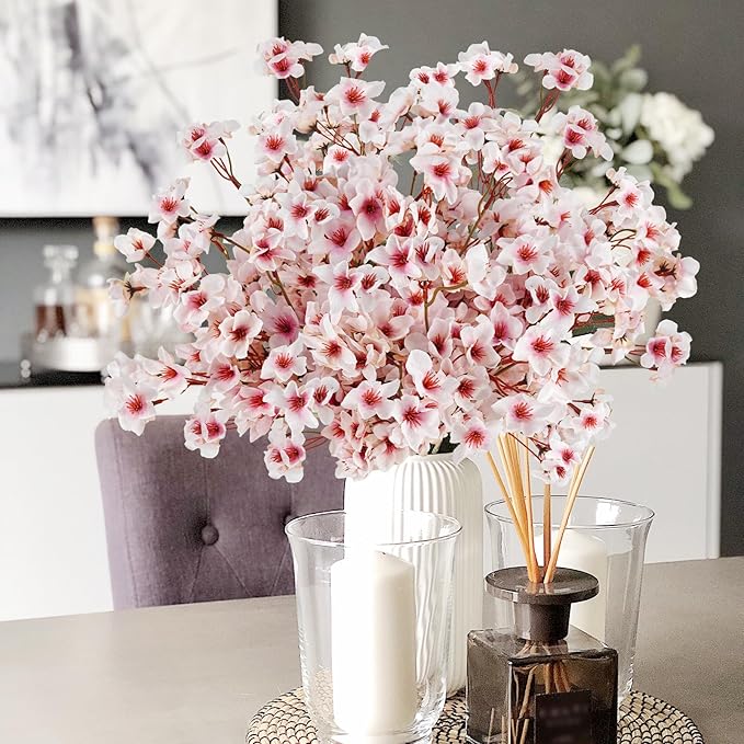 12 Pcs Artificial Cherry Blossom Flowers 18" Faux Silk Cherry Blossom Stems Fake Real Touch Peach Branches for Wedding Home Garden Japanese Decor Light Pink
