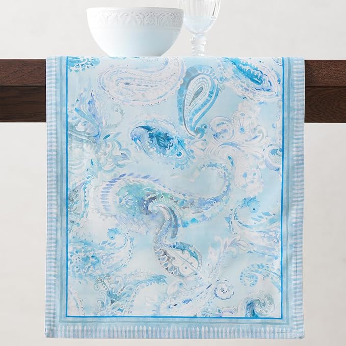 Maison d' Hermine Table Runners 100% Combed Cotton 14.50 Inch x 72 Inch Premium Tablerunner, Decorative Table Runner, Buffet Parties & Camping, Paisley Blues (Double Layer)