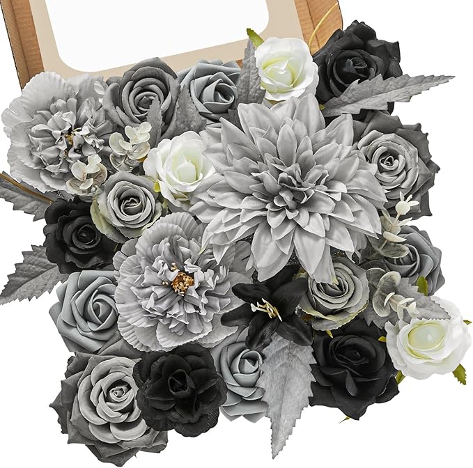Serwalin Artificial Flowers Grey Fake Flowers Box Set, Silk Flowers with Stems, Faux Wedding Flower Cake Flowers for DIY Wedding Bouquets Bridal Shower Centerpieces Floral Arrangements Decor