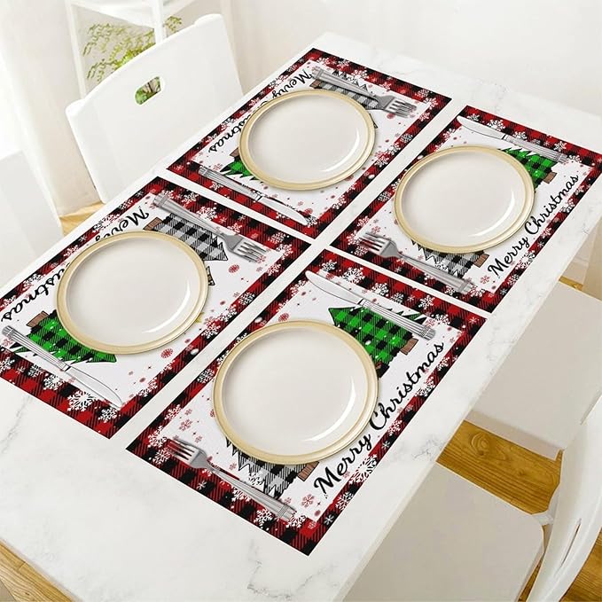Christmas Tree Placemats Red Country Farmhouse Buffalo Plaid Winter Snowflake Christmas Tree Placemats Table Kitchen Dining Party 12x18 Inch Set of 4