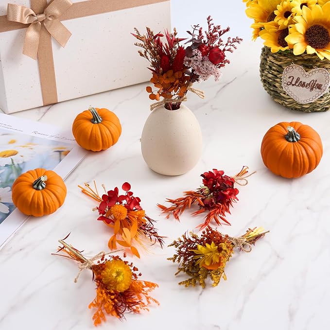 12/24 PCS Charming Dried Flowers Bouquet for Vase Various Dried Wildflowers with Stems Mini Handmade Wildflowers Natural Real Flowers Bulk Flowers Craft (Burnt Orange Series, 12PCS)