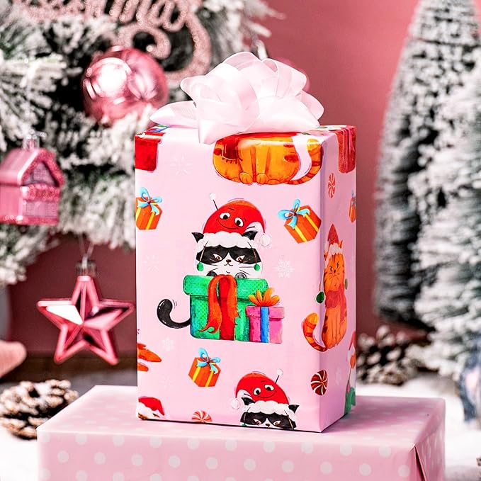 MAYPLUSS Christmas Wrapping Paper Roll - 17 Inch X 33 Feet - Pink Cute Cat Christmas Hat Reversible Polka Dot Gift Wrapping Paper, Thick Wrap Paper for Holiday Party New Year Kids