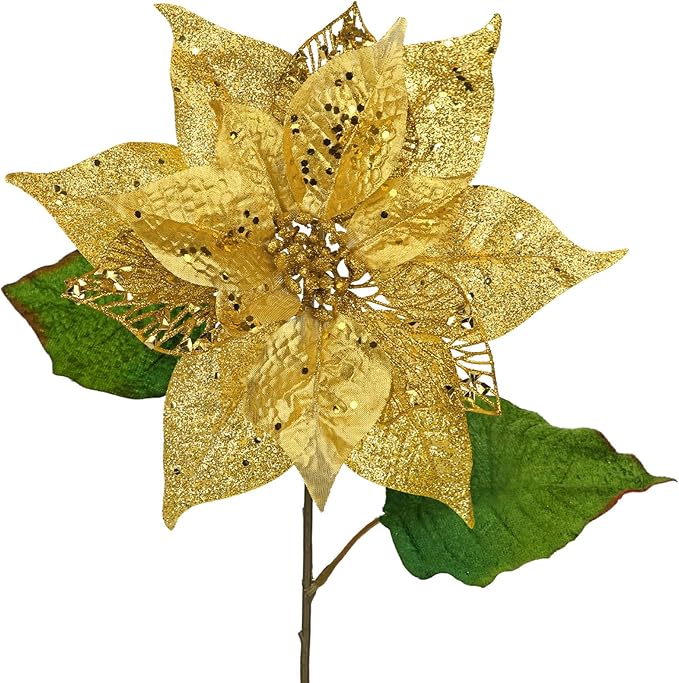 10" Poinsettia Flower Artificial for Christmas Tree Decor, 3 Pcs Faux Glitter Poinsettias Stems for DIY Xmas Wreath & Garland, Christmas Ornaments for Home Party, Holiday & New Year Decorations, Gold