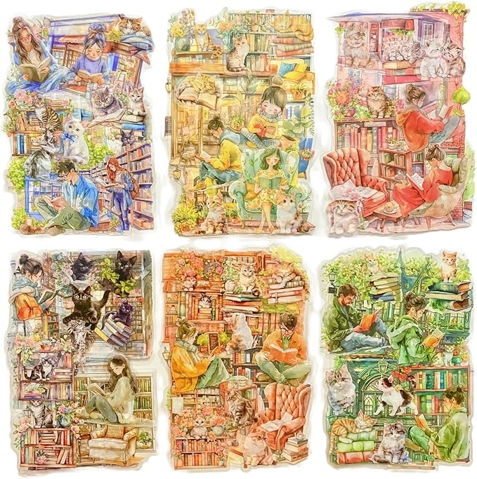 TIAMECH Cat in Bookstore PET Stickers - 90 Pcs Accompanying Read Corner & Book House Design, Waterproof Sticker for Journaling & Scrapbooking, Junk Journal Supplies, Ephemera & DIY Crafts