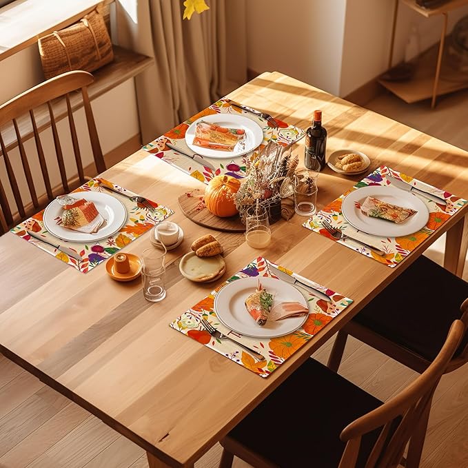 Happy Thanksgiving Day Placemats Set of 4, Linen Place Mats Heat Resistant Non-Slip Washable Table Mats for Dining Kitchen Party Decor 12"x18"