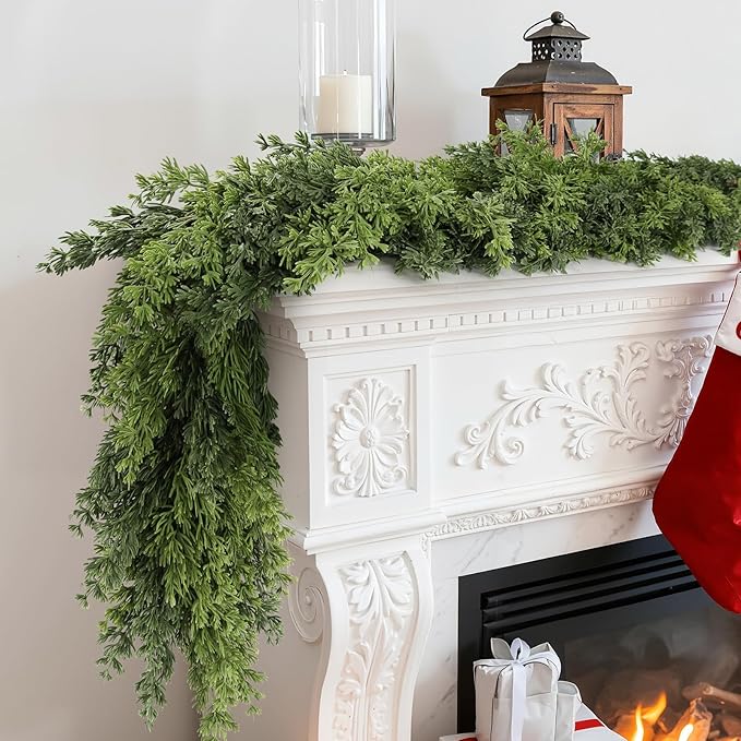Real Touch Cedar Garland, Christmas Artificial Realistic Faux Cypress Pine Garlands, Christmas Greenery Garland Decorations for Mantle, Table, Stairs, Doorframe, Fireplace, Winter Garlands(9FT)