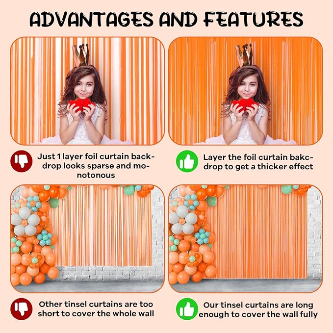 2 Pack Orange Foil Fringe Backdrop Curtains, Tinsel Streamers Birthday Party Decorations, Fringe Backdrop for Graduation, Baby Shower, Gender Reveal, Disco Party