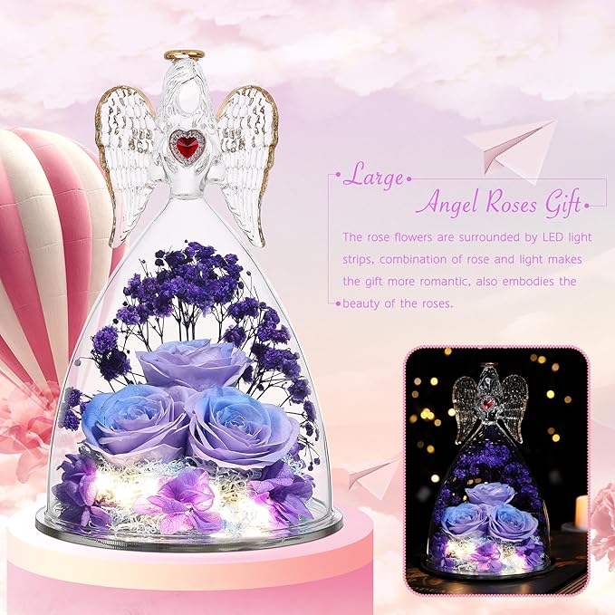 Mothers Day Rose Gifts for Women, Large Angel Figurines with Real Roses, Preserved Real Flower Rose for Her - Purple Blue