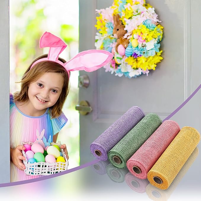 Chuangdi 4 Rolls Easter Poly Burlap Mesh Poly Burlap Deco Ribbon Mesh Roll for Spring Summer DIY Flower Wreath Garland, 10 Inch