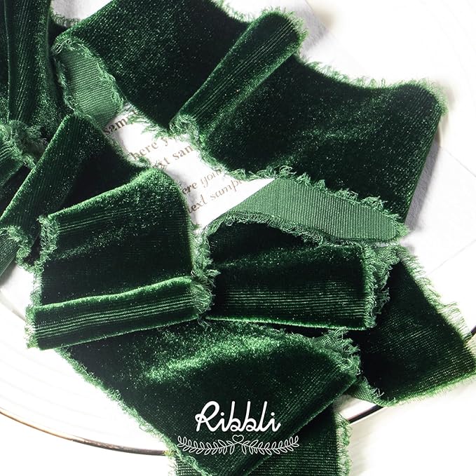 Ribbli Forest Green Velvet Ribbon 2 Inch Handmade Frayed Vintage Christmas Ribbon for Gift Wrapping Christmas Tree Ornament Wreath Craft Home Decor -3 Yards