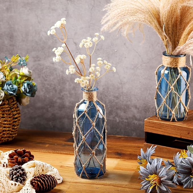 Chuangdi Set of 2 Coastal Glass Vases for Flower Small Flower Vase with Boho Rope Wrapping Beach Decorative Bottle for Coastal Nautical Table Centerpiece Wedding Floral Arrangement Decor (Navy Blue)
