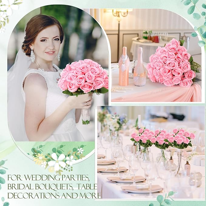 Hotop 120 Pcs Roses Artificial Flowers in Bulk,Long Stem Artificial Flower Bouquet,Silk Real Touch Fake Rose for Wedding Party Table Centerpieces Decor Valentines Gifts(Pink)