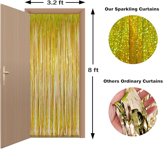 Melsan Gold Foil Curtain, 2 Pack 3.2 ft x 8.2 ft Tinsel Foil Fringe Curtains Backdrop, Sparkle Metallic Foil Fringe Curtains for New Year Party Birthday Decorations Photo Booth Props