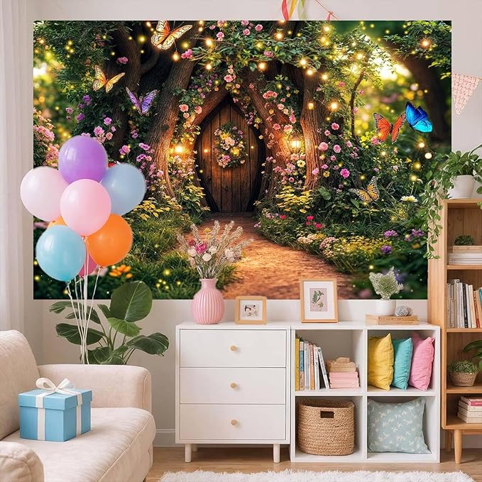 15X10ft Enchanted Forest Backdrop Fairy Tale Garden Wonderland Floral Butterfly Photography Background for Kids Girl Baby Shower Birthday Party Decoration Banner Cake Table Photo Booth Props