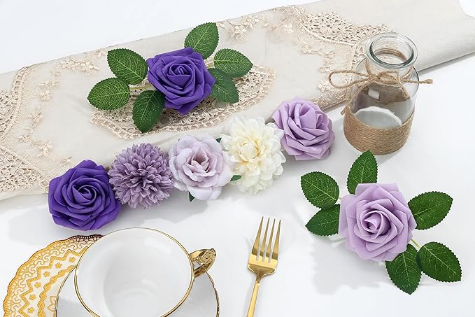 SITUMEIZI Roses Artificial Flowers Combo Purple Flowers Silk Foam Flowers with Stems for DIY Bridal Wedding Bouquet Baby Shower Party Home Decor Floral Arrangements 23pcs