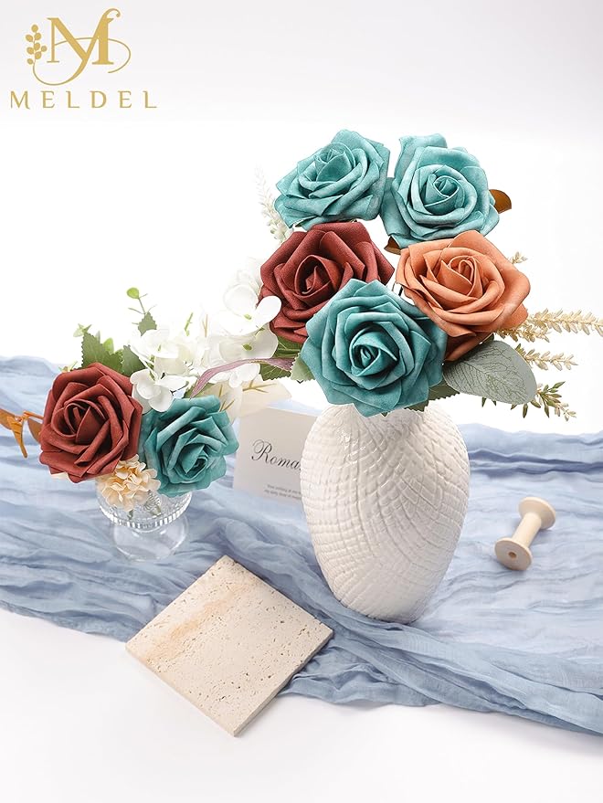 Meldel Artificial Flowers 25pcs Real Looking Dark Teal Foam Fake Roses with Stems for DIY Wedding Bouquets Bridal Shower Centerpieces Floral Arrangements Home Decorations Crafts Rose