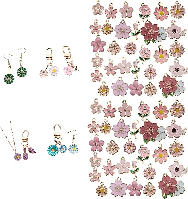 60pcs15 Types Flower Charms For Jewelry Making Enamel Flower Charms For Necklace Bracelet Earring for Gift that Office, Travel & DIY Creators