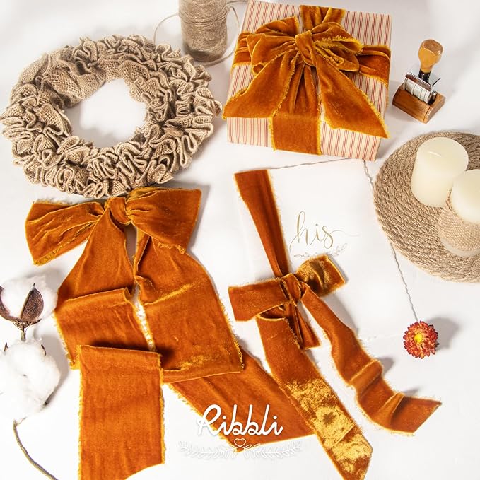 Ribbli Terracotta Velvet Ribbon 3 Inch Handmade Frayed Vintage Burnt Orange Christmas Ribbon for Gift Wrapping Tree Ornament Wreath Craft Home Decor -3 Yards
