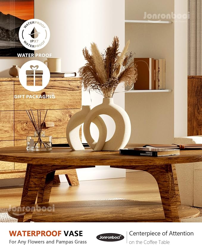 Beige Ceramic Decor Vase Set of 2 - Modern Boho Donut Decorative Vases for Home Entry Way Console Table Decor, Shelf Bookshelf Mantel Decorations, Kitchen Dining Table Centerpiece (Matte Cream White)