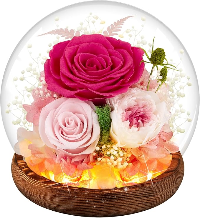 Pink Rose Birthday Gifts for Women Forever Flowers for Delivery Real Rose in Glass Dome with LED Strip, Preserved Flowers Rose Gifts for Wife Girlfriend Mom on Wedding Anniversary