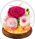 Pink Rose Birthday Gifts for Women Forever Flowers for Delivery Real Rose in Glass Dome with LED Strip, Preserved Flowers Rose Gifts for Wife Girlfriend Mom on Wedding Anniversary