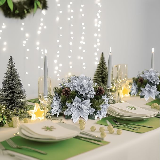 BLOSMON Poinsettias Artificial Christmas Flowers: 2 Pcs Silver Glitter Fake Christmas Floral Ball Centerpieces for Tables Decoration Silk Faux Poinsettia Holiday Flower Arrangement Xmas Plants Decor