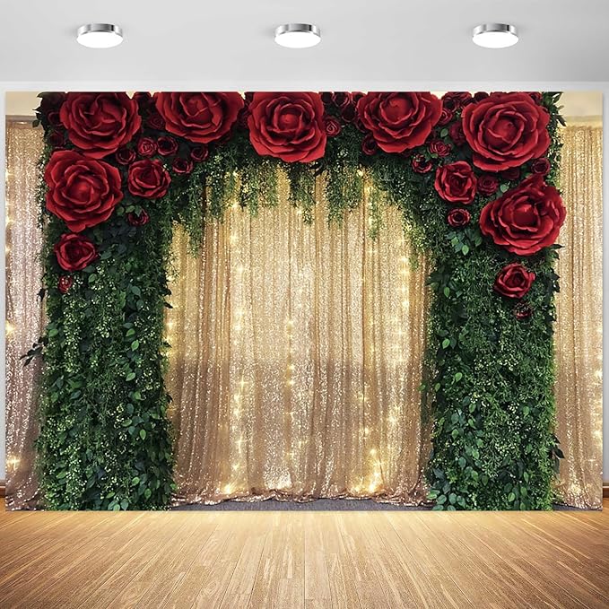12x8ft Wedding Backdrop Red Rose Flowers Gold Sequin Wall Greenery Leaves Photography Background Bridal Wedding Party Banner Decorations Supplies Photo Booth Props