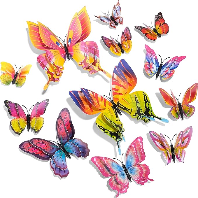 SAOROPEB 3D Butterfly Wall Decor, 48 Pcs Double Layer Butterfly Decorations for Party Decorations Locker Decor Refrigerator Decal, Reusable (Multicolor)