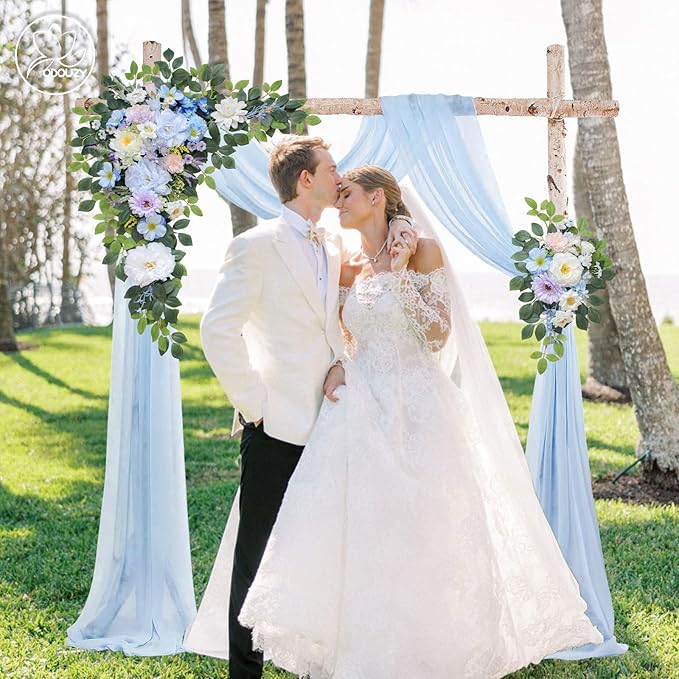 Wedding Arch Flowers Kit,Artificial Flower Arch Decor (Set of 3),2pcs Artificial Flower Arrangement with 1pc Sheer Drape for Wedding Decor Reception Backdrop Floral Decorations (Sky Blue)