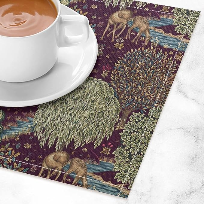 William Morris Flower Placemats Set of 6, Vintage Boho Floral Tree Plant Deers Woodland Animals Place Mats, Heat Resistant Non Slip Cotton Linen Dining Table Mats for Home Kitchen Party 18x12 Inch 1PC