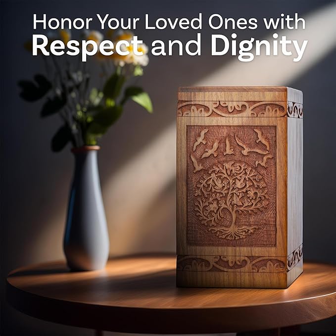 INTAJ Handcarved Wooden Cremation Urn for Human Ashes - Tree of Life Design, 180 lbs Capacity, Suitable for Adult Men and Women - Decorative Funeral Urn Box and Casket - Wooden Carved Box