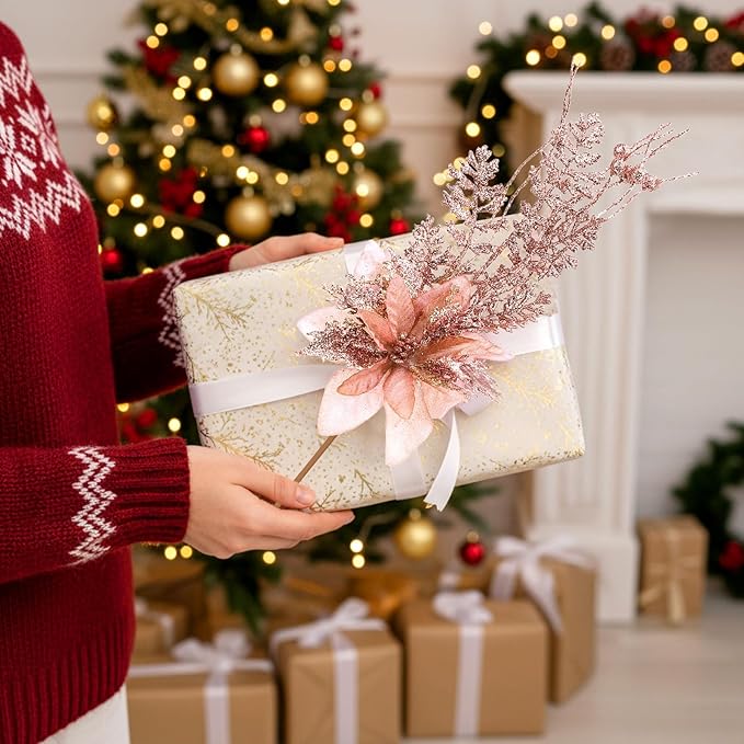 18 Pack 3 Styles 17 Inch Christmas Glitter Poinsettia Berry Stems Ornaments Artificial Floral Branches Picks for Christmas Tree Home Vase Holiday Party Decor(Rose Gold)