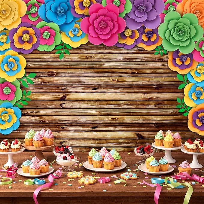 Frienda 36 Pcs DIY Paper Flower Decor Set with 83x59 Inch Custom Background Cloth and Rope, Artificial 3D Flower Wall Decor for Wall Bulletin Board Wedding Halloween Mexican Festive Party(Wooden)