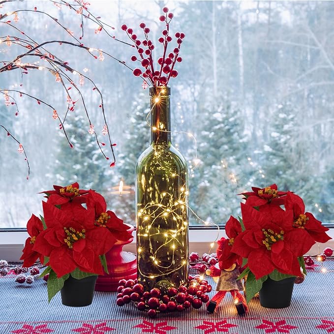 Poinsettias Flowers Artificial 2 Pack Red Faux Christmas Poinsettia Plant Small 11 Inch Winter Flowers for Home Office Table Decorations Indoor Xmas Ornament