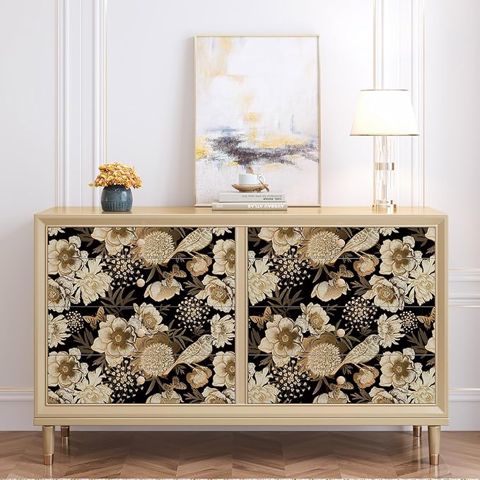 Floral & Birds Peel and Stick Wallpaper Antique Gold Black Self Adhesive Removable Floral Wallpaper for Bedroom Renter Friendly Floral Contact Paper for Bedroom Bathroom Walls Shelf Liner 17.7"x236.2"