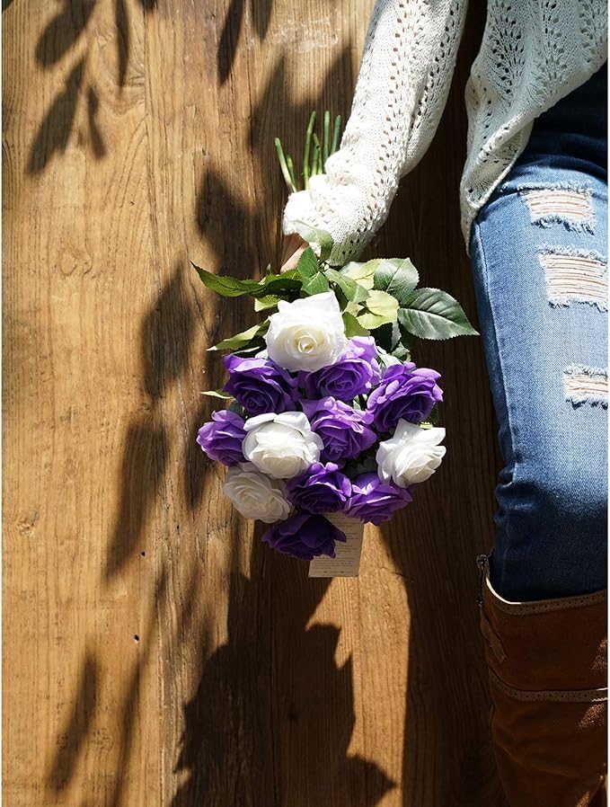FiveSeasonStuff 12 Stems Artificial Flowers Real Touch Silk Roses for Wedding Decoration Bridal Bouquets Table Centerpieces Party Shower, Packed in Box (Purple & White Vows)