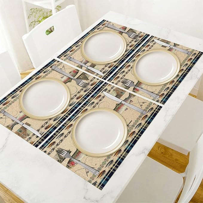 Rustic Cabin Bear Placemats Fishing Rods Lure Southwestern Check Plaid Blue Art Printed Dining Table Mats Set of 4 for Home Kitchen Holiday Picnic Party Decor 12x18in