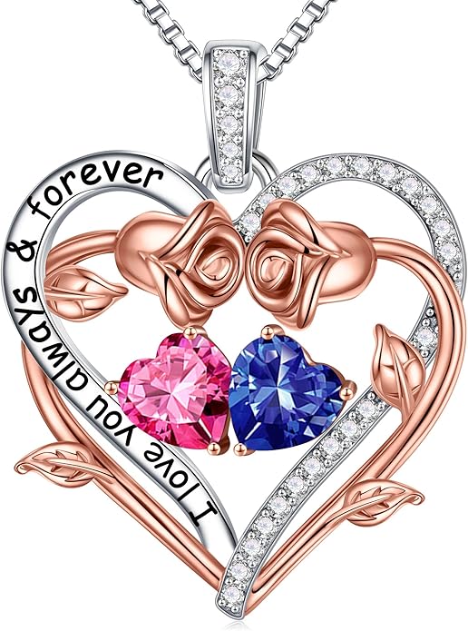 Iefil Rose Heart Double Birthstone Necklace Gifts for Wife Her Mom Women, Birthstone Jewelry Gemstone Birthday Gifts for Girlfriend Grandma Her Wife Women