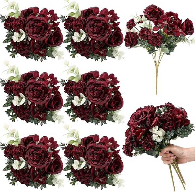 6 Pcs Artificial Peony Silk Florals Fake Mix Silk Peony Rose Faux Flower Hydrangea Bouquet Elegant Realistic Wedding Floral Centerpiece for Home Party Table Arrangement (Red)