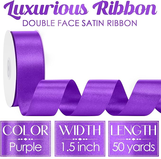 MEEDEE Purple Satin Ribbon 1-1/2 Inch Purple Ribbon Lux Double Faced Satin Ribbons by 50 Yards Polyester Satin Ribbons for Crafts, Weddings, Flower Bouquet, Holiday Decorating