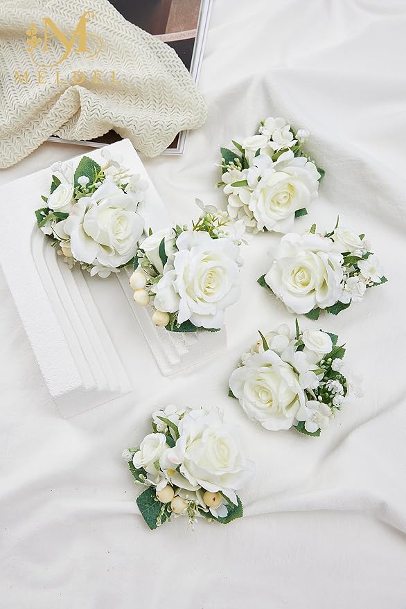 Meldel Pocket Boutonniere for Men, Set of 6, Groom Groomsman Boutonnieres for Wedding Prom Suit Accessories, Artificial White Rose Corsage for Party Ceremony Anniversary Graduation Flowers