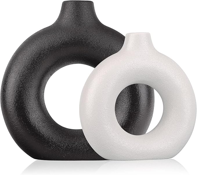 Black and White Vase Decor Donut Vase Set of 2 - Circle Hollow Vases, Modern Matte Ceramic Vases for Entryway Living Room Bedroom Dining Table Centerpiece Office Home Decor