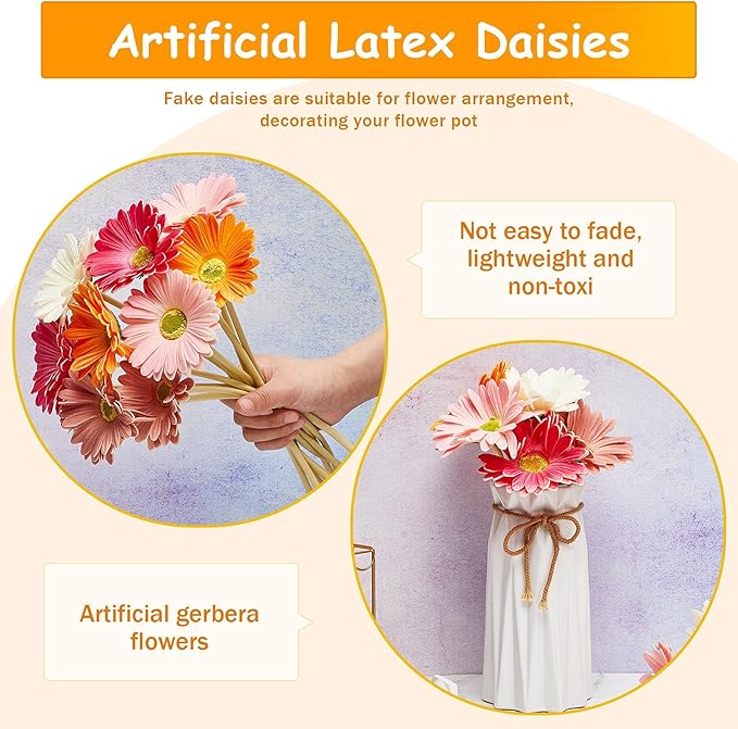 WILLBOND 24 Pieces Artificial Gerbera Daisies Flowers Fake Daisy Faux Boho Daisy Flowers Bouquet 15 in for Boho Birthday Decorations Wedding Home Decor (White,Pink,Yellow,Orange,Rose,Coral)