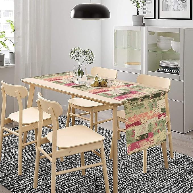 Patchwork Flower Table Runner,Abstract Colorful Floral Retro Style Hand Drawn Tablecloth Burlap for Hotel Indoors Outdoor Dining Room Kitchen Home Decor,W13X L36 in
