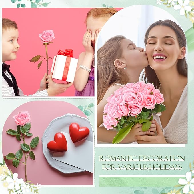 Hotop 120 Pcs Roses Artificial Flowers in Bulk,Long Stem Artificial Flower Bouquet,Silk Real Touch Fake Rose for Wedding Party Table Centerpieces Decor Valentines Gifts(Pink)