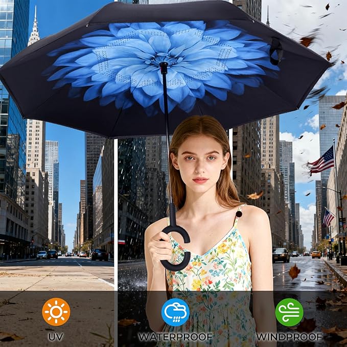 Inverted Umbrella, 49 Inch Double-Layer Vented Reverse Umbrella, Windproof Waterproof UV Protection, Lightweight C-Handle, Fiberglass Ribs, Steel Shaft, Travel/Commute/Car Use, With Sleeve